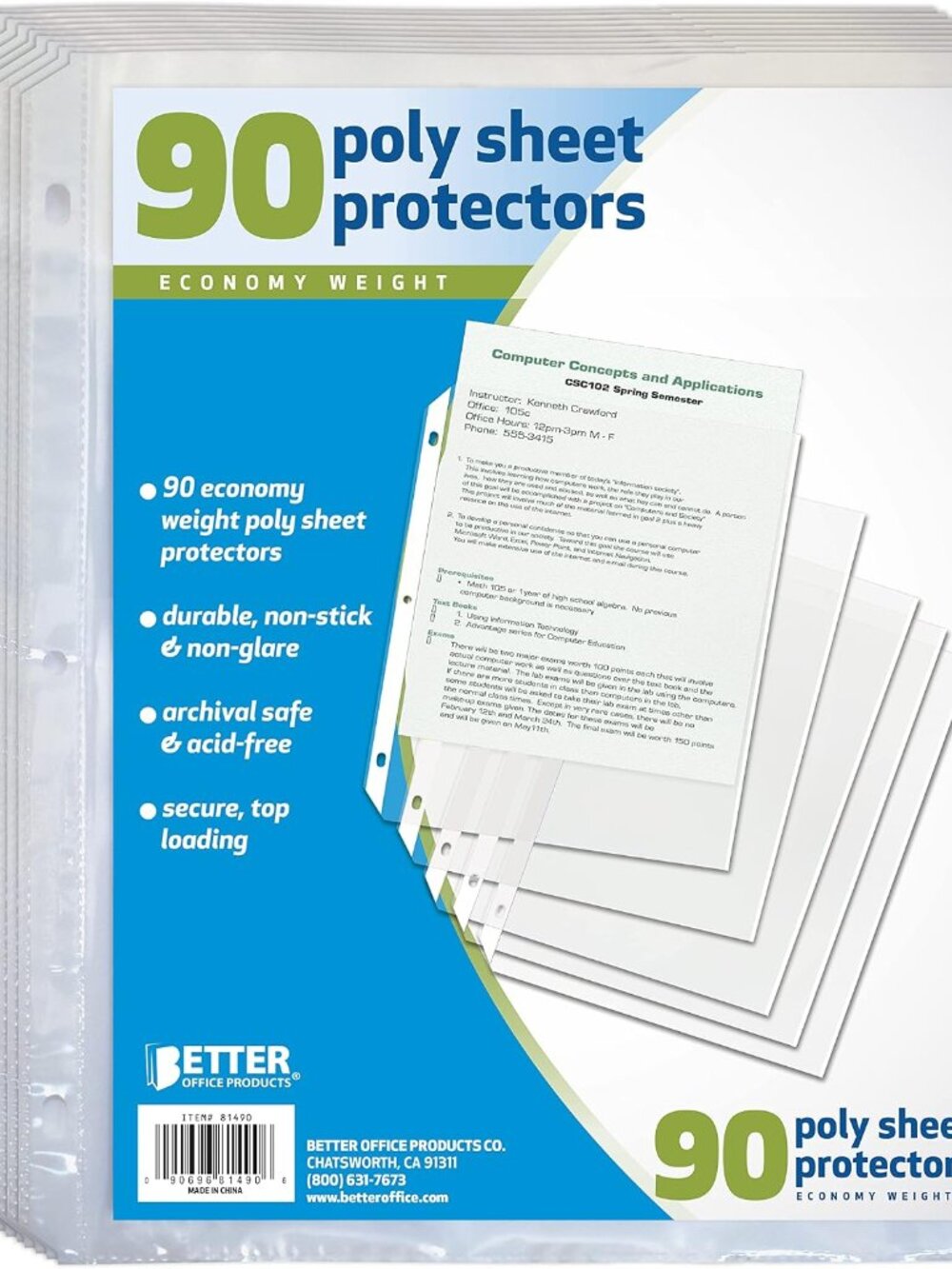 90 Count Sheet Protectors, 100 Percent Poly Sheet Protectors 8.5 x 11, Top Loadi